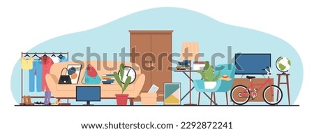 Garage sale concept, flea market, buying antiques, old things, furniture and books. Second Hand clothes. Antique accessory. Horizontal banner template. Vector cartoon flat isolated illustration