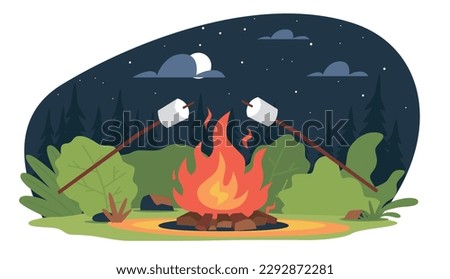 Glade in woods, campfire in forest, marshmallow grill in bonfire in camping. Night landscape. Outdoors dinner for travellers. Tourist leisure time. Cartoon flat illustration. Vector concept