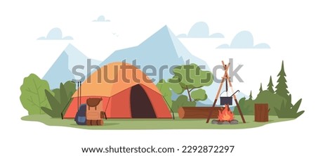 Forest summer camp with campfire, tent and backpack on mountain background. Camping in forest. Adventure hiking tourism. Campsite panorama. Cartoon flat style isolated vector concept