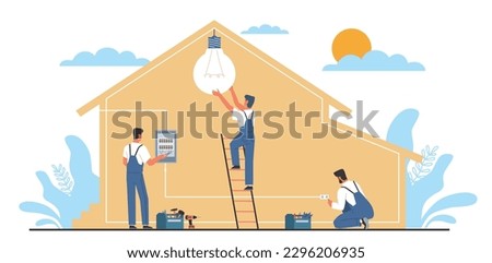 Professional electricians install electrical switchboard, socket and make lighting in house. Technical workmen in uniform fix wires, repairing electrical panel. Cartoon flat vector concept