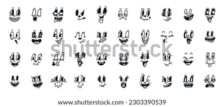 Cartoon retro faces. Black and white vintage comic muzzles, old classic animated characters collection, happy and surprised emoji, funny emotional expressions, mascot face, tidy vector set