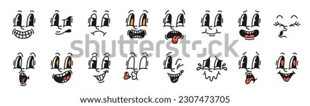 Cartoon facial expressions. Mascot rubber emotions, old animation character face, funny smiles, laughter and sadness, tears and anger, eyes and nose and mouth, tidy vector isolated set