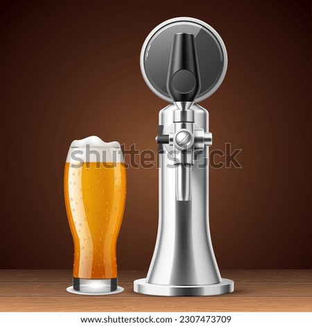 Realistic beer tap and tower. Alcoholic drink equipment, beerkeeper elements, glass with beverage. Full mug with foam alcohol drink. Pub or bar 3d isolated dispenser, utter vector concept