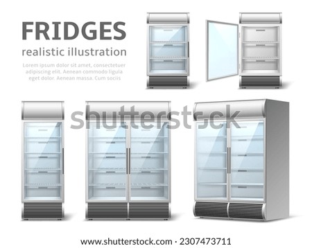 Realistic fridges. Industrial and store empty refrigerators for beverages, metal lattice shelves and glass swing doors, open and closed, 3d isolated elements, utter vector set