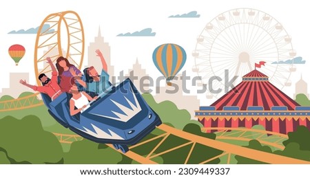 People ride in rollercoaster. Amusement park visitors in trailers racing along rails, extreme carousel, positive emotions, Russian mountains. Cartoon flat illustration. Nowaday vector concept