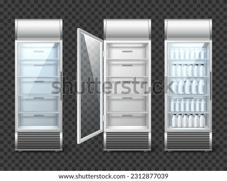 Realistic fridge with drinks. Supermarket equipment, empty and full store vertical refrigerator, bottles with blank objects, open and closed glass door, 3d isolated elements, utter vector set