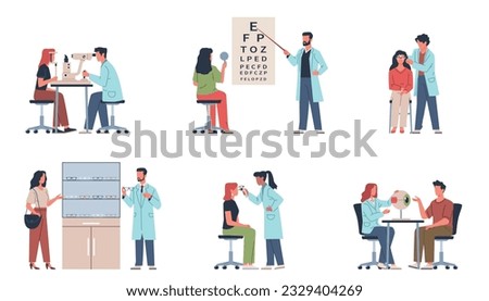 Ophthalmologists with patients. People check their eyesight, optical consultant, glasses selection, doctors at work. Optometry diagnostic and surgery, cartoon flat isolated nowaday vector set