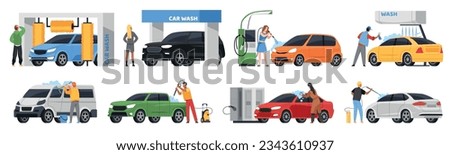 People in self car wash service. Cartoon persons clean, dry and vacuum brushing, pour foam on vehicles, drivers care about cleanliness, automatic automobile wash, tidy vector set