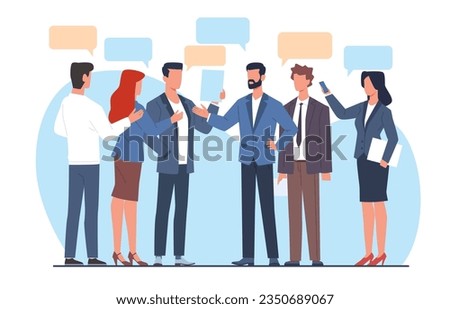 Business people, men and women talking to each other. Empty speech bubbles. Brainstorming process, discussing and communication, group of employees cartoon flat isolated vector concept