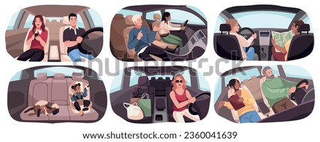 Cartoon people in cars. Drivers and passengers in vehicles, men, women and children, child safety seat, leather interior. Automobile traffic. Girls and boys drivers. in auto. Tidy vector set