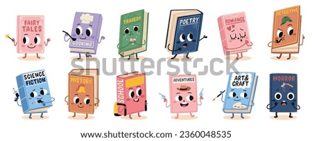 Book characters. Cute cartoon mascots, different genres literature, smiling kids textbooks, different emotions, fairy tales, cooking and horror stories, tragedy and detective, tidy vector set