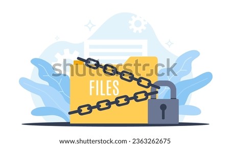 Concept of protecting personal files, privacy file folder and lock. Confidential information protection. Cyber technology. Important documents guarding vector cartoon flat isolated illustration