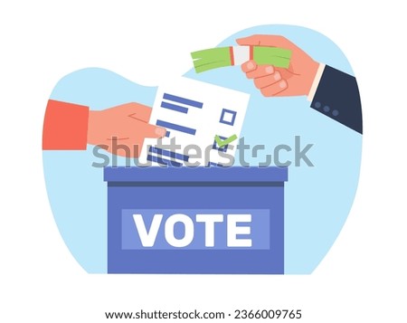 Vote buying by political candidates. Voting election corruption. Bribery in election process. Politician holding money and voter holding ballot cartoon flat style isolated vector concept