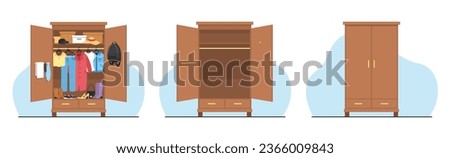 Open closet with clothes and shoes, empty open wardrobe and closed storage. Female fashion garments. Living room interior. Storing things. Cartoon flat style isolated vector concept