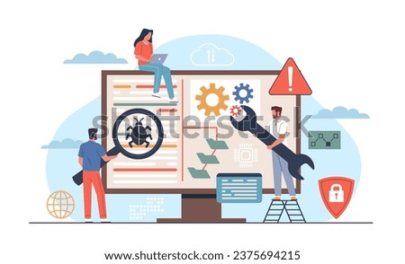 Mobile application testers. Finding and correcting errors in software, checking for bugs and artifacts, teamwork, tiny people and huge screen, nowaday vector web development concept