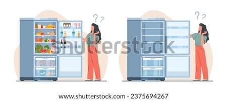 Girl stands by refrigerator full and empty. Female character looking in open fridge. Different products water, milk, fruit and vegetable, cartoon flat style isolated vector concept
