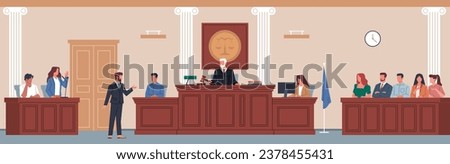 Trial in courtroom. Law justice, public process, defense and prosecution presentation, judge on wooden tribune listens to people, cartoon flat style isolated nowaday vector concept