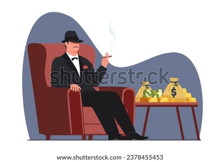 Godfather mob boss sits in chair with cigar in his hand. Man in black suit and hat smoking, stack of coins and gold, dollar banknotes. Gangster and rich man cartoon flat isolated vector concept