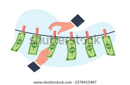 Concept of money laundering, hands picking dried dollar bills off clothesline. Financial crime washing currency. People breaking law, corruption or fraud. Vector cartoon flat illustration