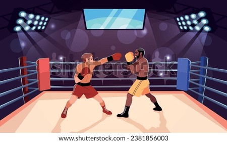Boxing people. Fighters characters at ring, professional athletes in sparring, strong men in combat sport, Muscular men in sparring on championship tidy vector cartoon flat isolated concept