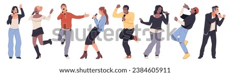 People in karaoke. Happy visitors dancing and singing, guys and girls with microphones, club singers, vocal recreation, entertainment show, cartoon flat style isolated tidy vector set