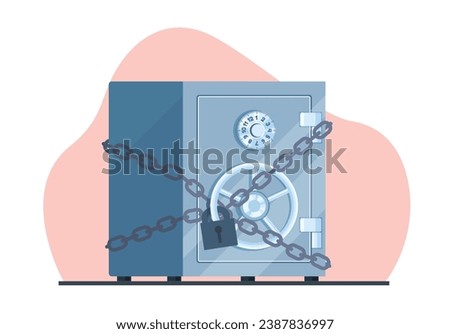 Deposit security concept, safe tethered with chains and padlocked. Storage metal box for money and documents. Banking deposit symbol. Cartoon flat style isolated illustration. Vector concept