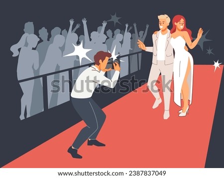 Elegant couple on red carpet. Famous people event, hollywood actors under camera flashes, award ceremony, celebrity posing. Happy celebrities and fans cartoon flat style vector concept