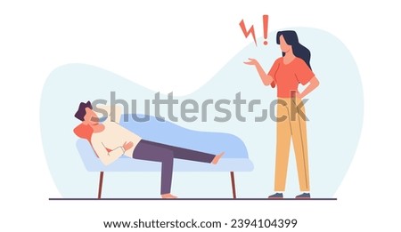 Lazy man lies on couch and woman is not happy about it. Family scandal, crisis and misunderstanding, difficulties in relationships. Angry unhappy wife. Cartoon isolated vector concept