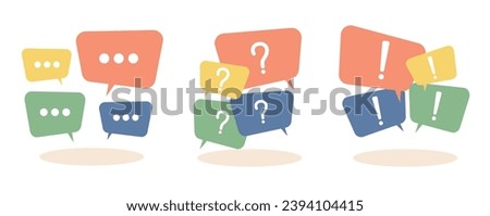 Talk, exclamation, and question marks in speech bubble. Dialogue and quote isolated colorful elements. Message or comment geometric balloons. Cartoon isolated vector chatting concept