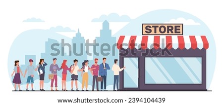 People stand in line in front of doors to store. Male and female customers standing in queue. People waiting near shop door. Supermarket or grocery. Cartoon flat isolated vector concept