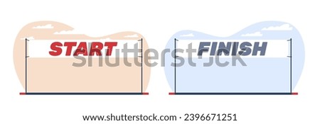 Start and finish banners. Flags for marathon or racing, triathlon and skiing competition. Equipment for sportsground and stadium. Racetrack pennant. Cartoon flat isolated vector concept