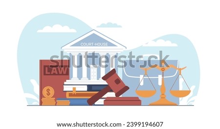 Concept of justice, courthouse, gavel, law book and scales. Services of lawyer, attorney or notary, jurisprudence and legislation. State institutions. Supreme court. Vector illustration