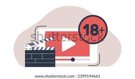 Restricting video viewing to age eighteen plus. Movie only for adults. 18 sign. Censored explicit content. Parental protection. Cartoon flat isolated illustration. Vector censorship concept