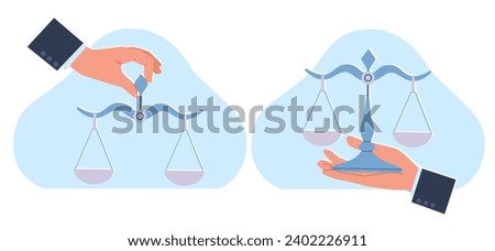 Businessman hand holds scales. Libra measuring device with empty plates in balance. Justice symbol. compare weight and importance. Cartoon flat style isolated illustration. Vector law concept