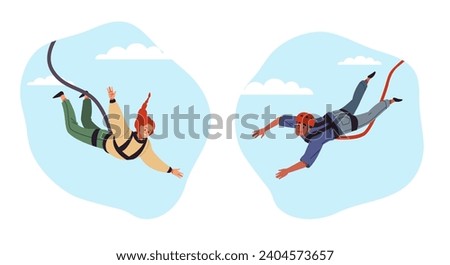 Guy and girl jumping down from bungee cord. Extreme sport, man and woman falling in air. Adrenaline dangerous adventures. Risk leisure time activity cartoon flat isolated vector concept