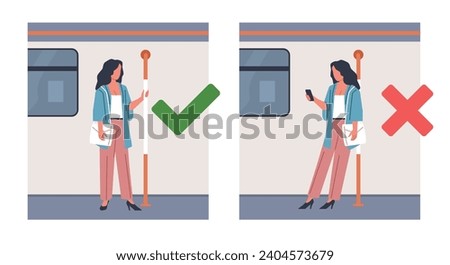 Do not lean on handrail, but hold on to handrail while driving. Metro, train or bus grip for characters. Rules in public transport. Woman in trolleybus. Cartoon isolated vector concept