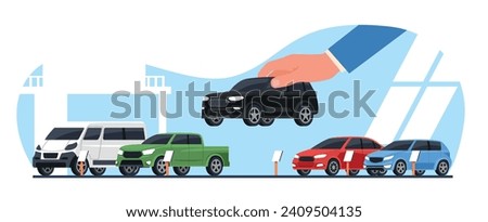 Choosing and buying new car. Different new automobile in car showroom. Agent hand hold sedan. Dealer selling vehicle. Dealership cartoon flat isolated illustration. Vector concept