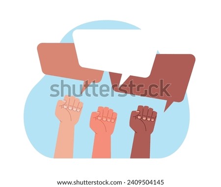 Raised up fists of people of different skin colors with speech bubbles. Community movement poster with copy space in box. Activist arms. Revolution cartoon flat isolated vector concept