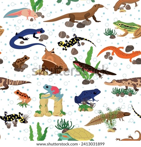 Seamless pattern with amphibians. Frogs and aquatic tritons. Terrarium creatures. Tropical fauna. Repeated print. Wild nature. Amphibious animals. Toads and newts. Vector background