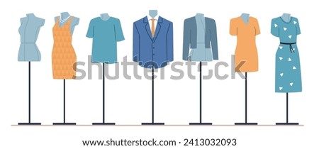 Mannequins without clothes and with womens and mens clothes. Fashion garment. Clothing showing. Fashionable suits or elegant dresses at torso dummies. Atelier equipment. Vector concept