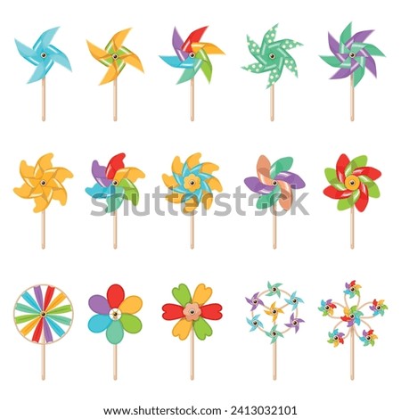 Pinwheel toys. Cartoon paper windmills. Colorful spinners. Different number and shape of blades. Kids outdoor summer games. Spinning propellers. Children rotating ventilators vector set
