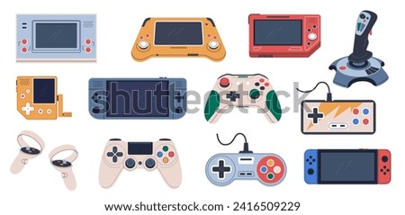 Videogame joysticks. Retro game consoles and wireless gamepads, playing controllers, electronic digital devices, accessory for gamers, gaming technology nowaday vector cartoon flat vector set
