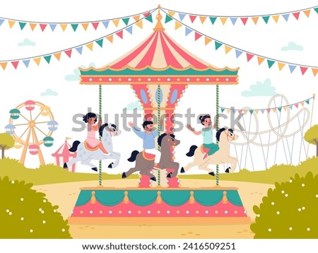 Happy kids on carousel. Smiling children in amusement park, boys and girls ride in circle on horses, merry go round, childish entertainment, cartoon flat isolated splendid vector concept