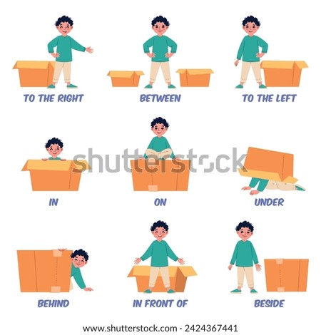 Boy helps to learn english prepositions. Child playing with cardboard box, different positions relative to object, grammar, language studying, cartoon flat style isolated vector set