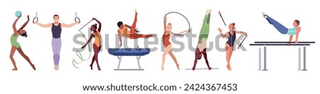 Rhythmic gymnasts. Professional athletes, young sports and artistic acrobats, strength, flexibility, man and woman with ribbons, balls and rings, cartoon flat isolated tidy vector set