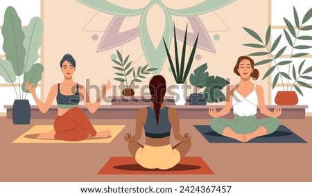 Group yoga class. Beautiful women meditate in lotus position, front and back view, inner harmony search and relaxation, healthy lifestyle, cartoon flat style isolated tidy vector concept