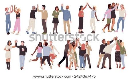 Cartoon people groups high five. Happy friends beat off hands, success gesture, business team is rejoicing, men and women unity and support togetherness concept, tidy vector flat isolated set