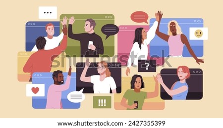 People give five. Employees team rejoices at success in general business chat, launching project, video conference, online communication, cartoon flat style isolated tidy vector concept