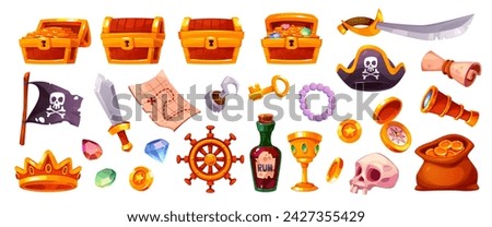 Pirate trophy. Cartoon robbers treasures, gems and gold coins, open and closed wooden chests, crown, skull and black flag. Map, sward and bottle. Online games, gui elements, tidy vector set