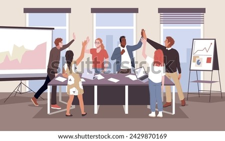 Business team give five. People beat hands, successful startup, justified expectation, joy gesture, cheerful colleagues, office background. Cartoon flat style isolated tidy vector concept